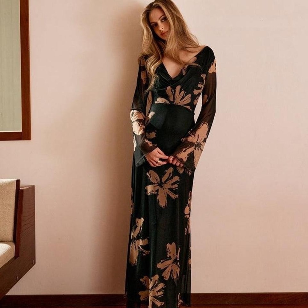 Commense Black and Tan Floral Mini Dress